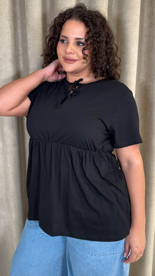 CurveWow Printed Cotton Tie Front Peplum Top Black