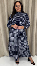CurveWow High Neck Polka Maxi Dress Navy