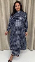 CurveWow High Neck Polka Maxi Dress Navy