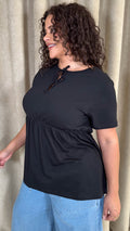 CurveWow Printed Cotton Tie Front Peplum Top Black