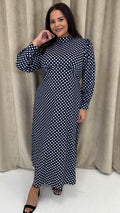 CurveWow High Neck Polka Maxi Dress Navy