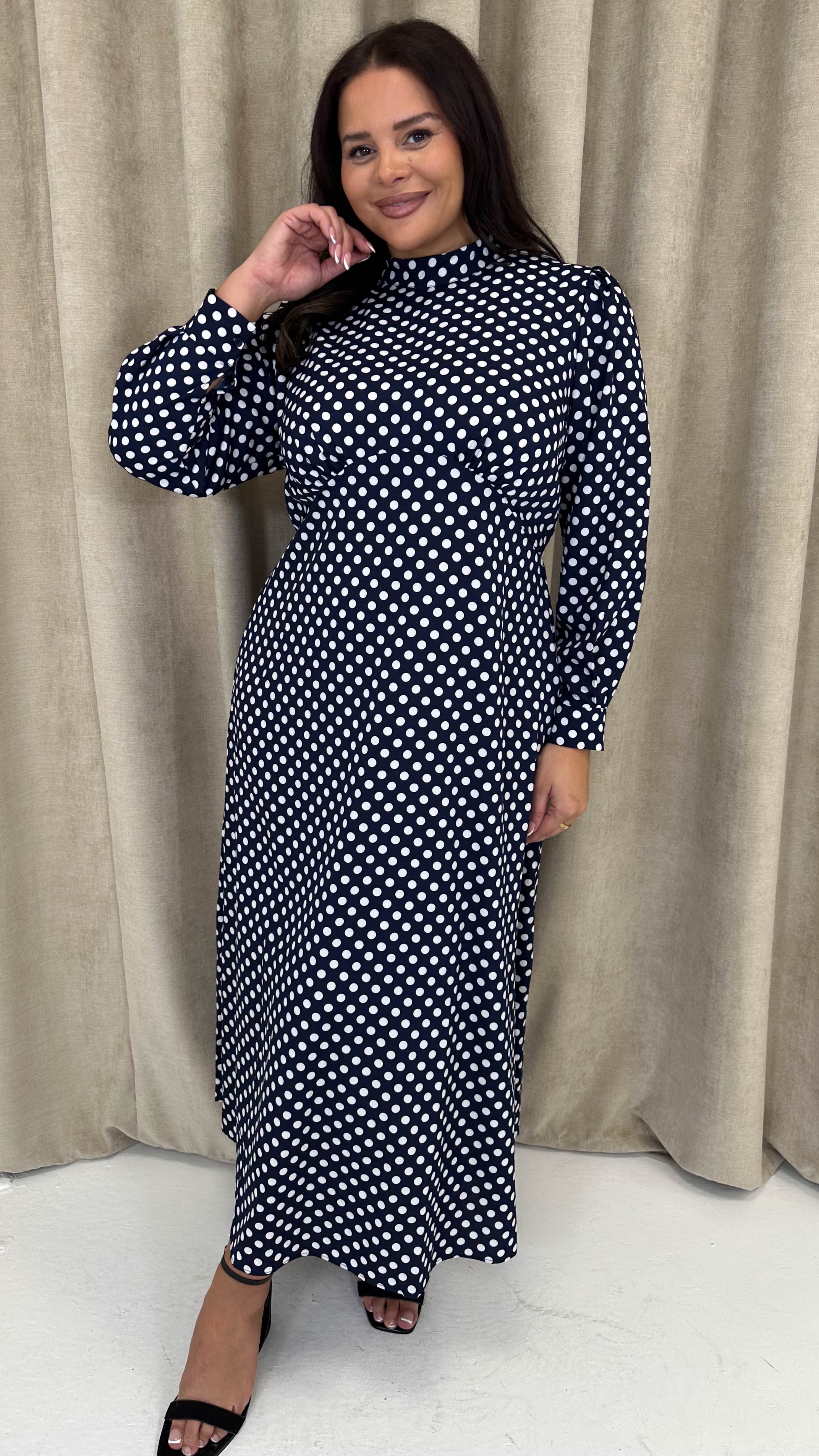 CurveWow High Neck Polka Maxi Dress Navy Curvewow CurveWow High Neck Polka Maxi Dress Navy Curvewow