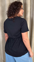 CurveWow Printed Cotton Tie Front Peplum Top Black