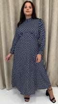 CurveWow High Neck Polka Maxi Dress Navy