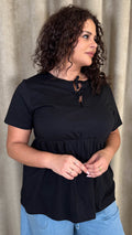 CurveWow Printed Cotton Tie Front Peplum Top Black