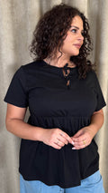 CurveWow Printed Cotton Tie Front Peplum Top Black