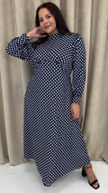 CurveWow High Neck Polka Maxi Dress Navy
