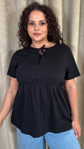 CurveWow Printed Cotton Tie Front Peplum Top Black