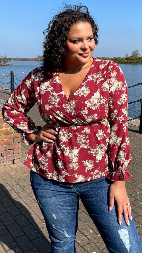 CurveWow Wrap Top Wine Floral