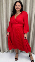 CurveWow Buckle Belt Pleated Midi Dress Red