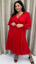 CurveWow Buckle Belt Pleated Midi Dress Red