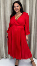 CurveWow Buckle Belt Pleated Midi Dress Red