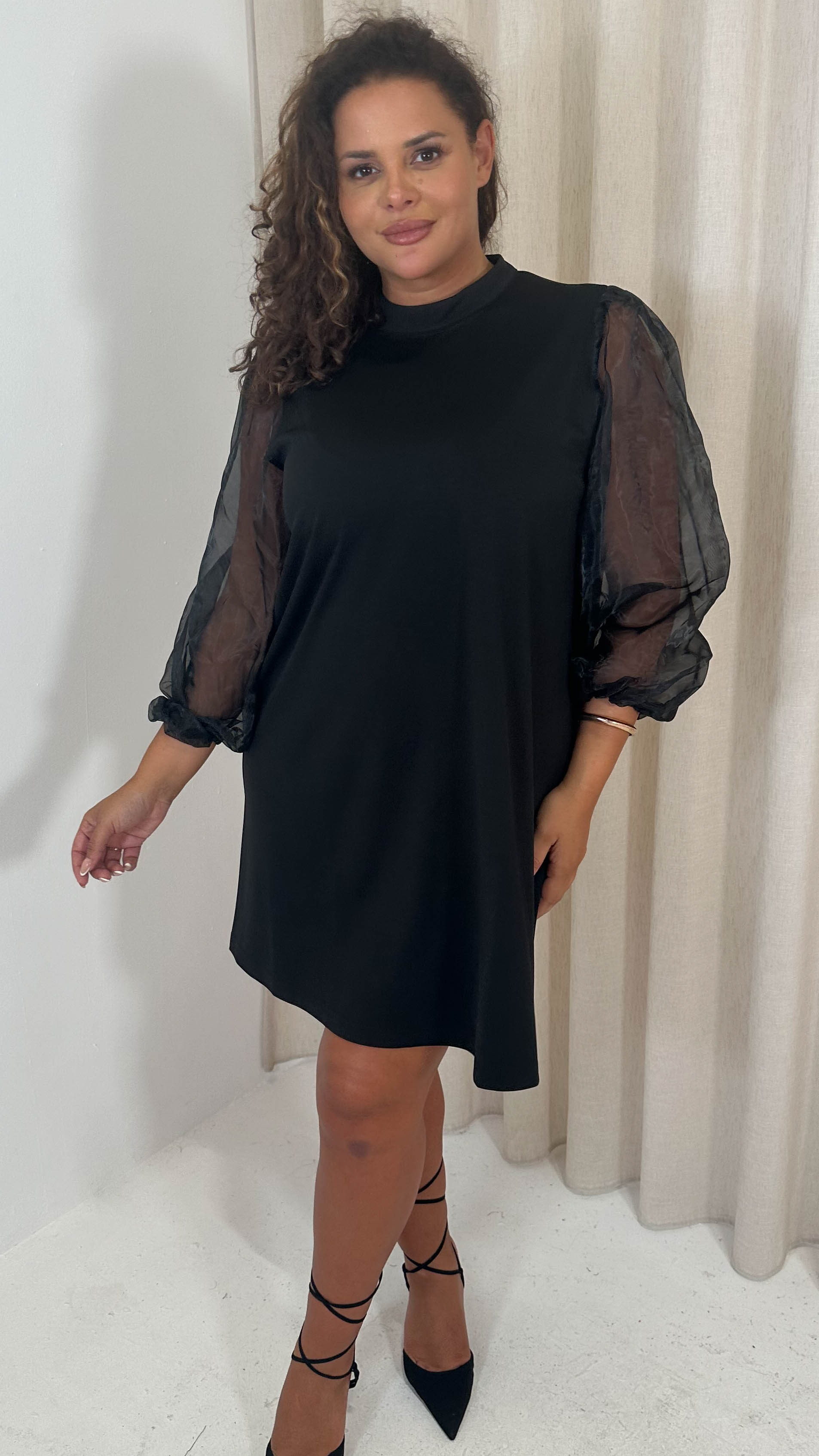 CurveWow Organza Sleeve Shift Dress Black Curvewow CurveWow Organza Sleeve Shift Dress Black Curvewow
