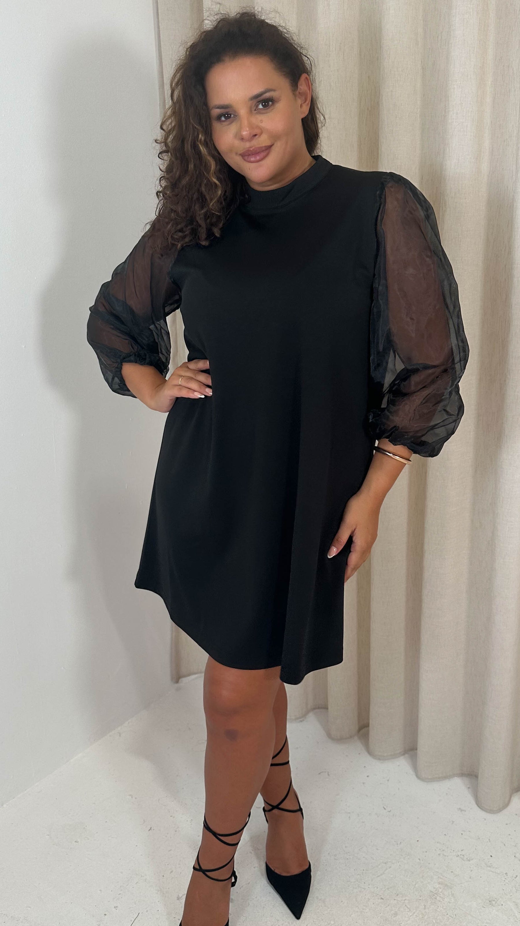 CurveWow Organza Sleeve Shift Dress Black Curvewow CurveWow Organza Sleeve Shift Dress Black Curvewow