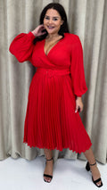 CurveWow Buckle Belt Pleated Midi Dress Red
