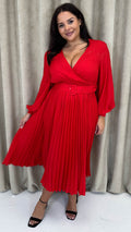 CurveWow Buckle Belt Pleated Midi Dress Red