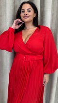 CurveWow Buckle Belt Pleated Midi Dress Red