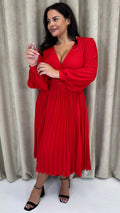 CurveWow Buckle Belt Pleated Midi Dress Red