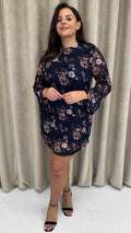 CurveWow Floral Lace Shift Dress Navy
