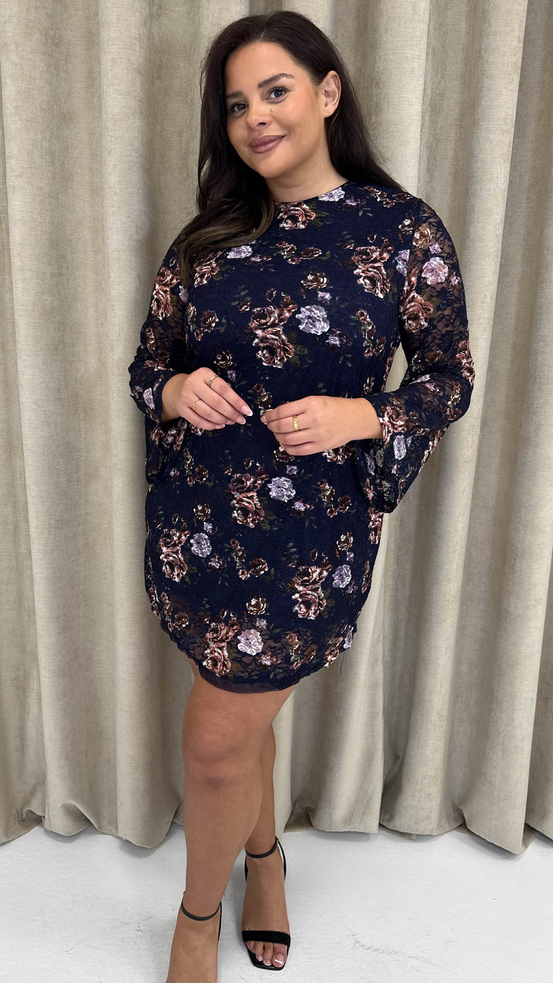 CurveWow Floral Lace Shift Dress Navy