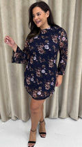 CurveWow Floral Lace Shift Dress Navy