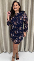 CurveWow Floral Lace Shift Dress Navy