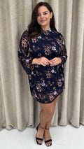 CurveWow Floral Lace Shift Dress Navy