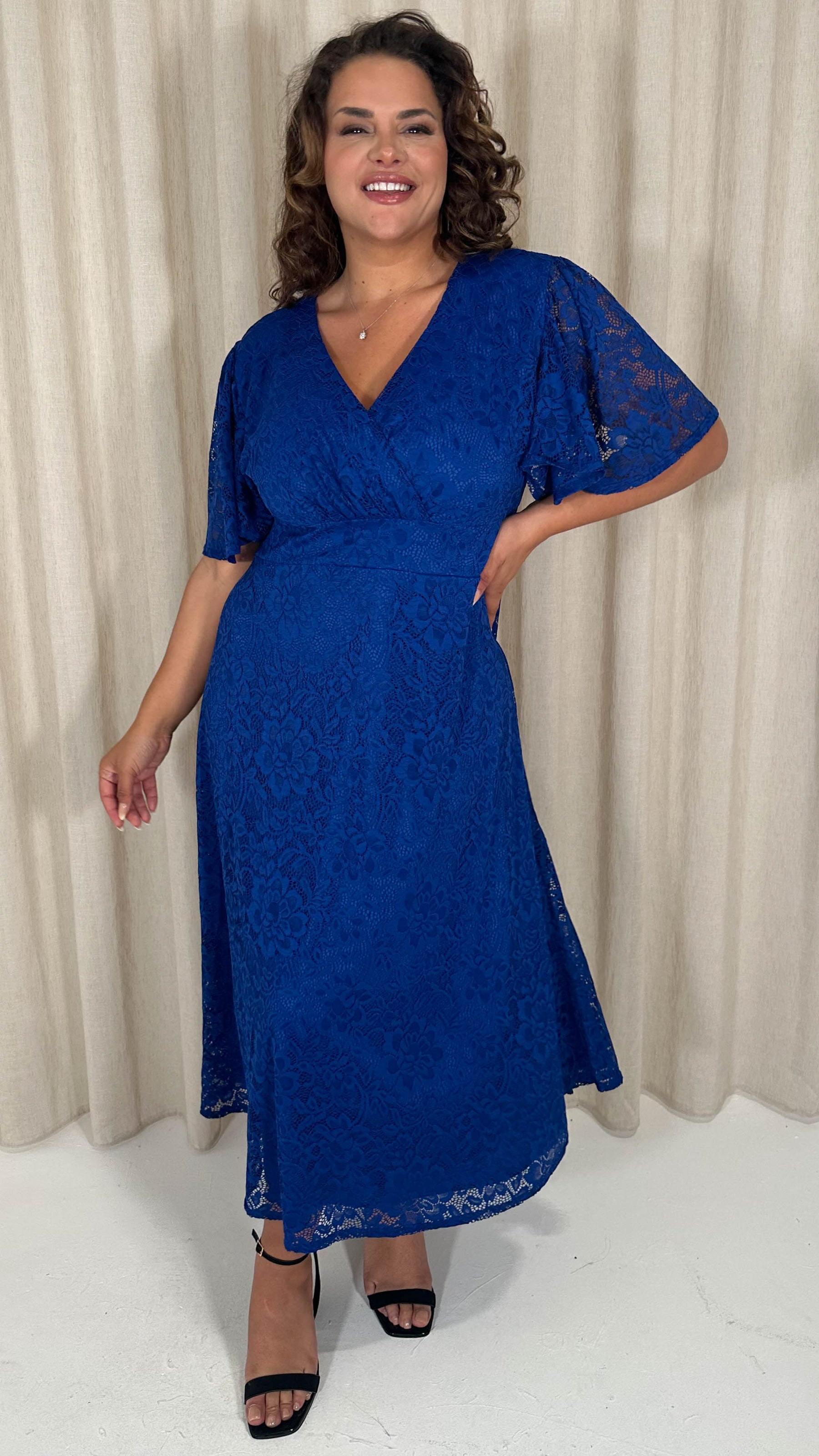 CurveWow Lace Angel Sleeve Dress Cobalt Blue Curvewow CurveWow Lace Angel Sleeve Dress Cobalt Blue Curvewow