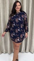 CurveWow Floral Lace Shift Dress Navy