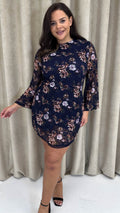 CurveWow Floral Lace Shift Dress Navy