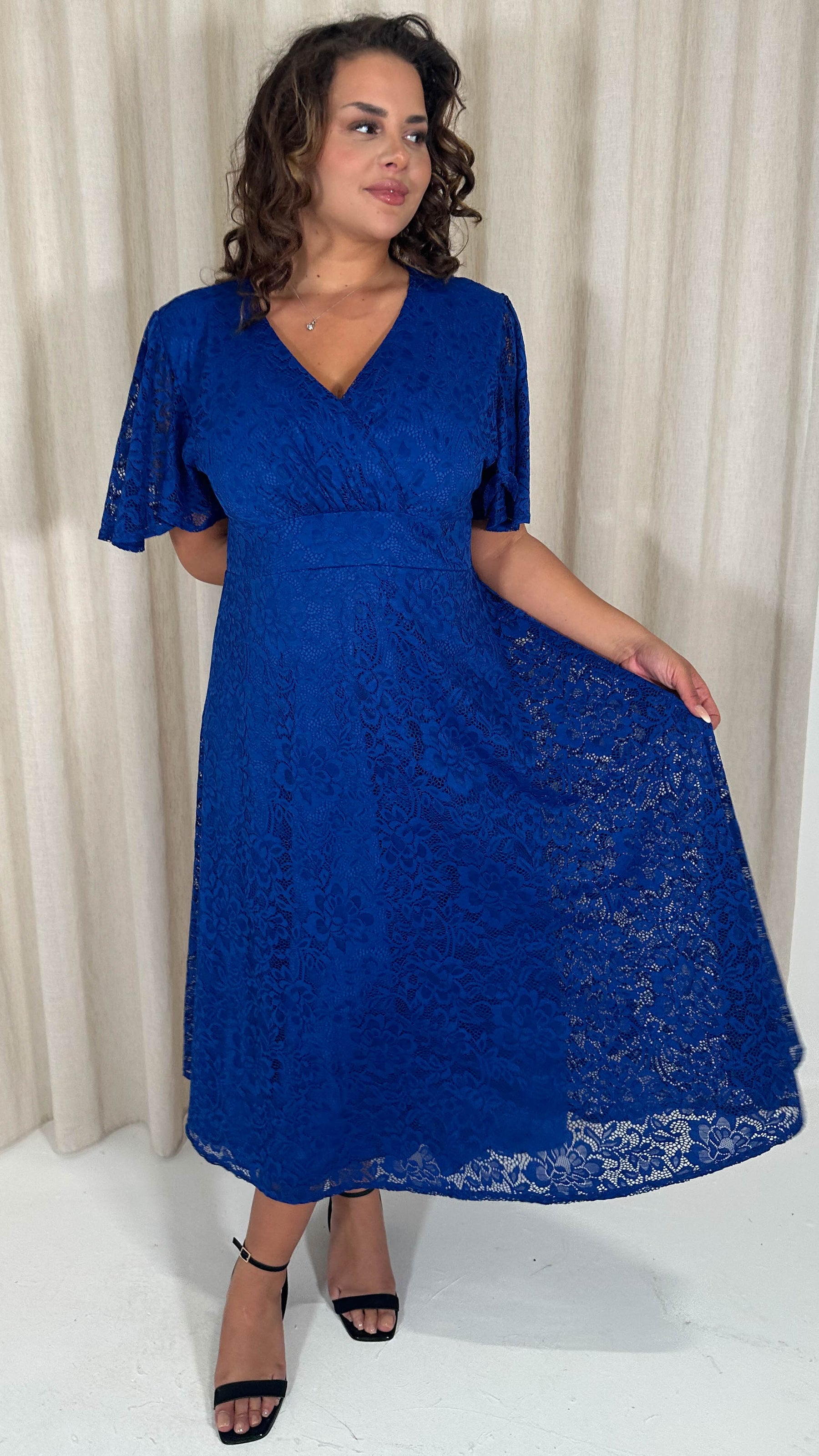 CurveWow Lace Angel Sleeve Dress Cobalt Blue Curvewow CurveWow Lace Angel Sleeve Dress Cobalt Blue Curvewow