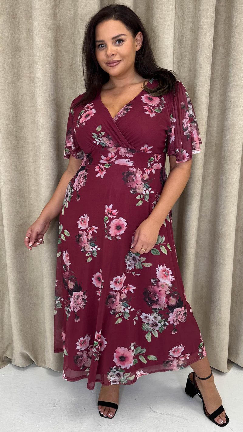 CurveWow Mesh Angel Sleeve Dress Wine Multi Floral