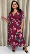 CurveWow Mesh Angel Sleeve Dress Wine Multi Floral