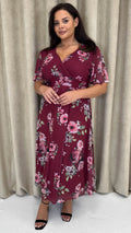 CurveWow Mesh Angel Sleeve Dress Wine Multi Floral