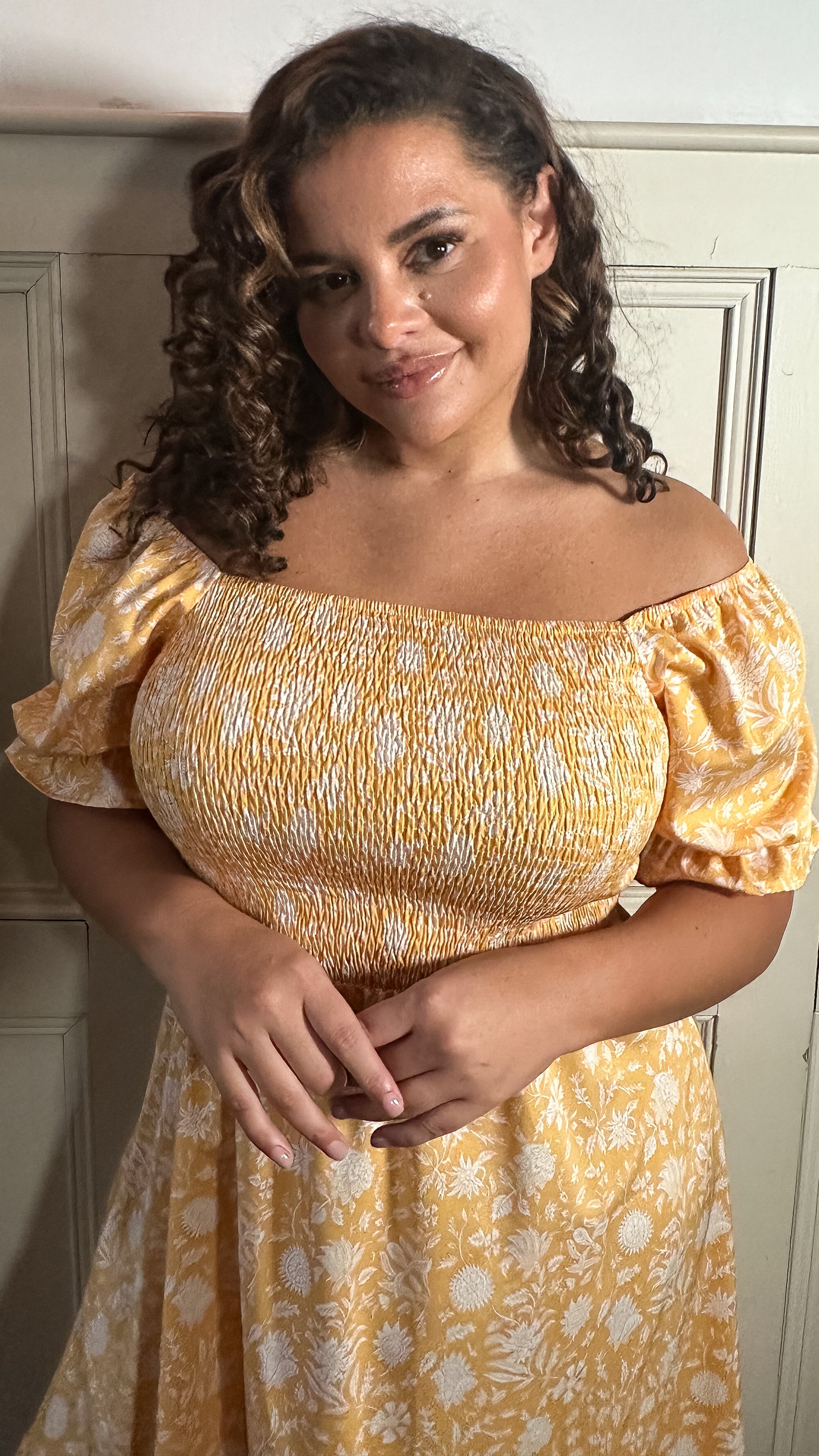 CurveWow Square Neck Shirred Midi Dress Yellow Floral