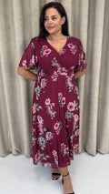 CurveWow Mesh Angel Sleeve Dress Wine Multi Floral