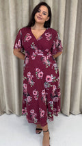 CurveWow Mesh Angel Sleeve Dress Wine Multi Floral
