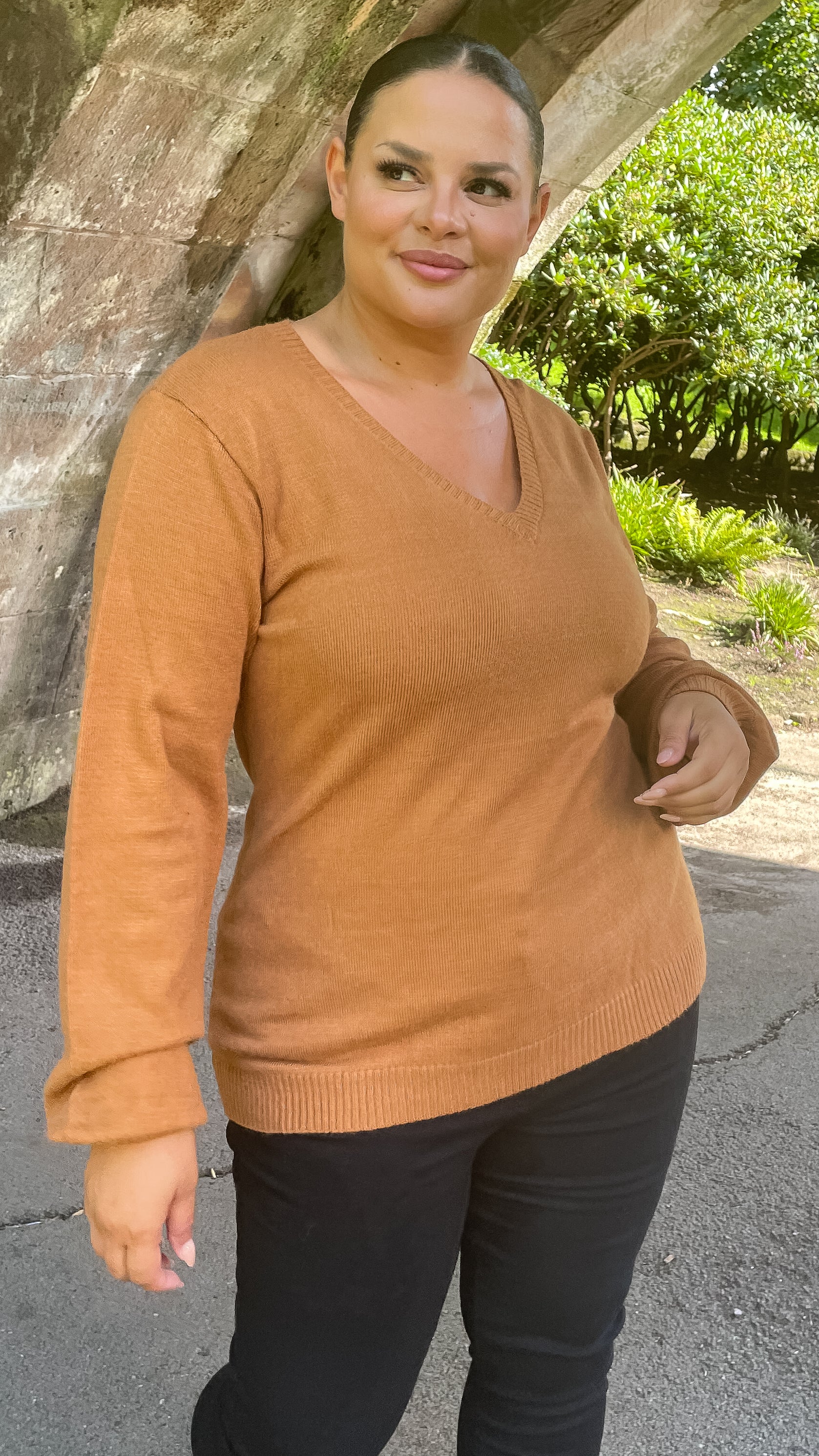 CurveWow Longline V Neck Jumper Camel