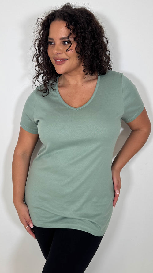 CurveWow Basic V Neck T-Shirt Sage Green