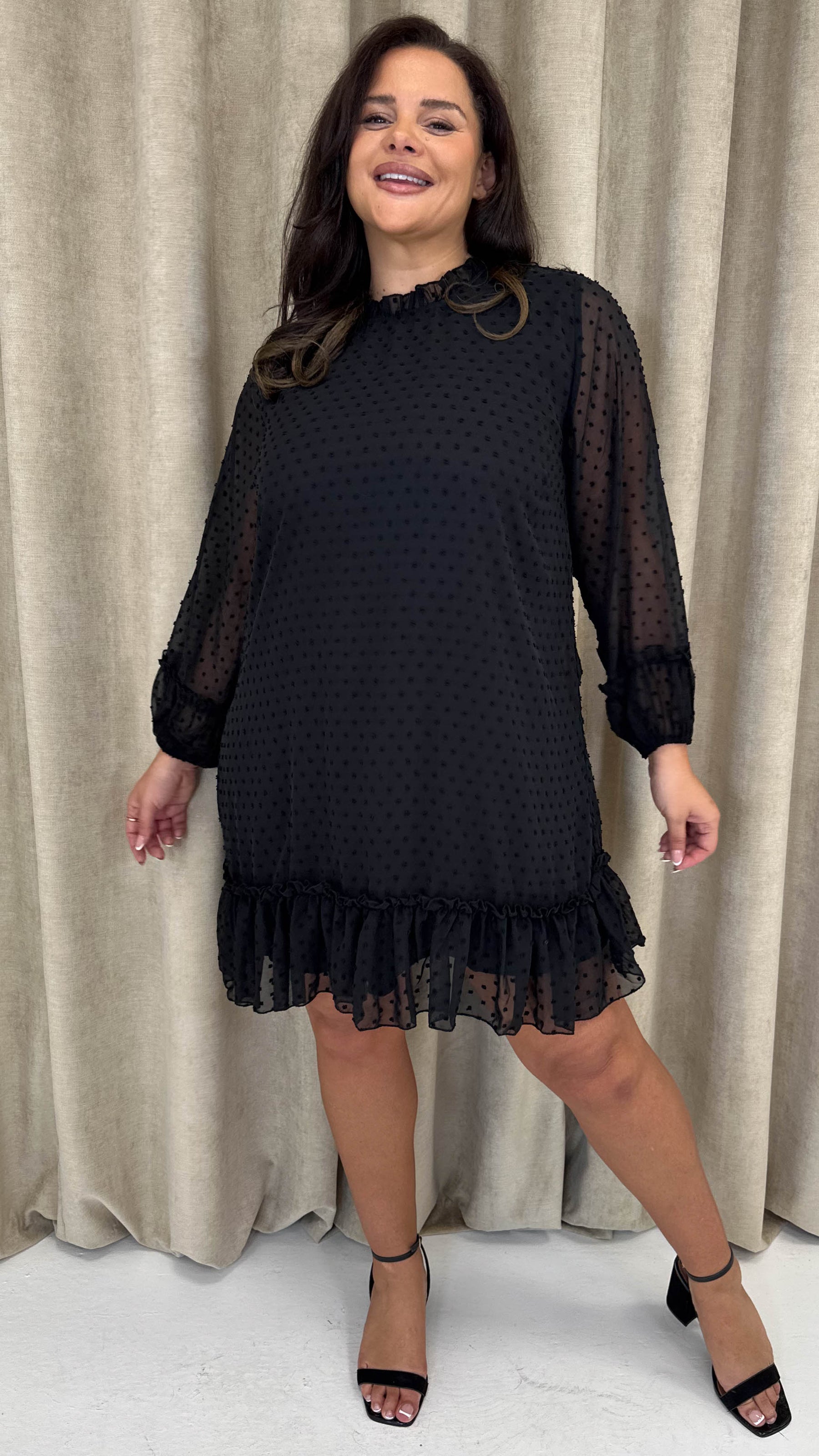 CurveWow High Neck Dobby Mesh Mini Dress Black Curvewow CurveWow High Neck Dobby Mesh Mini Dress Black Curvewow