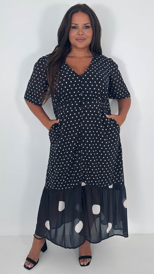 CurveWow Double Spot Frill Hem Maxi Dress Black