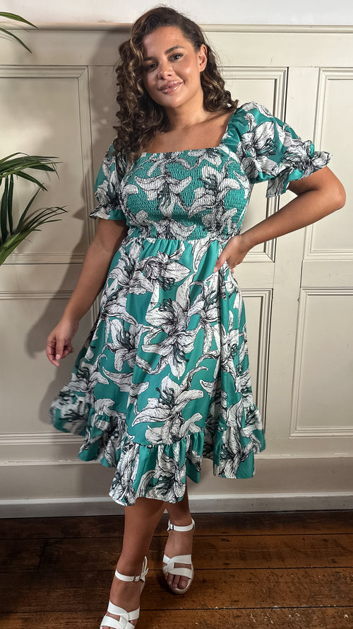 CurveWow Square Neck Shirred Midi Dress Turquoise Floral