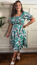 CurveWow Square Neck Shirred Midi Dress Turquoise Floral