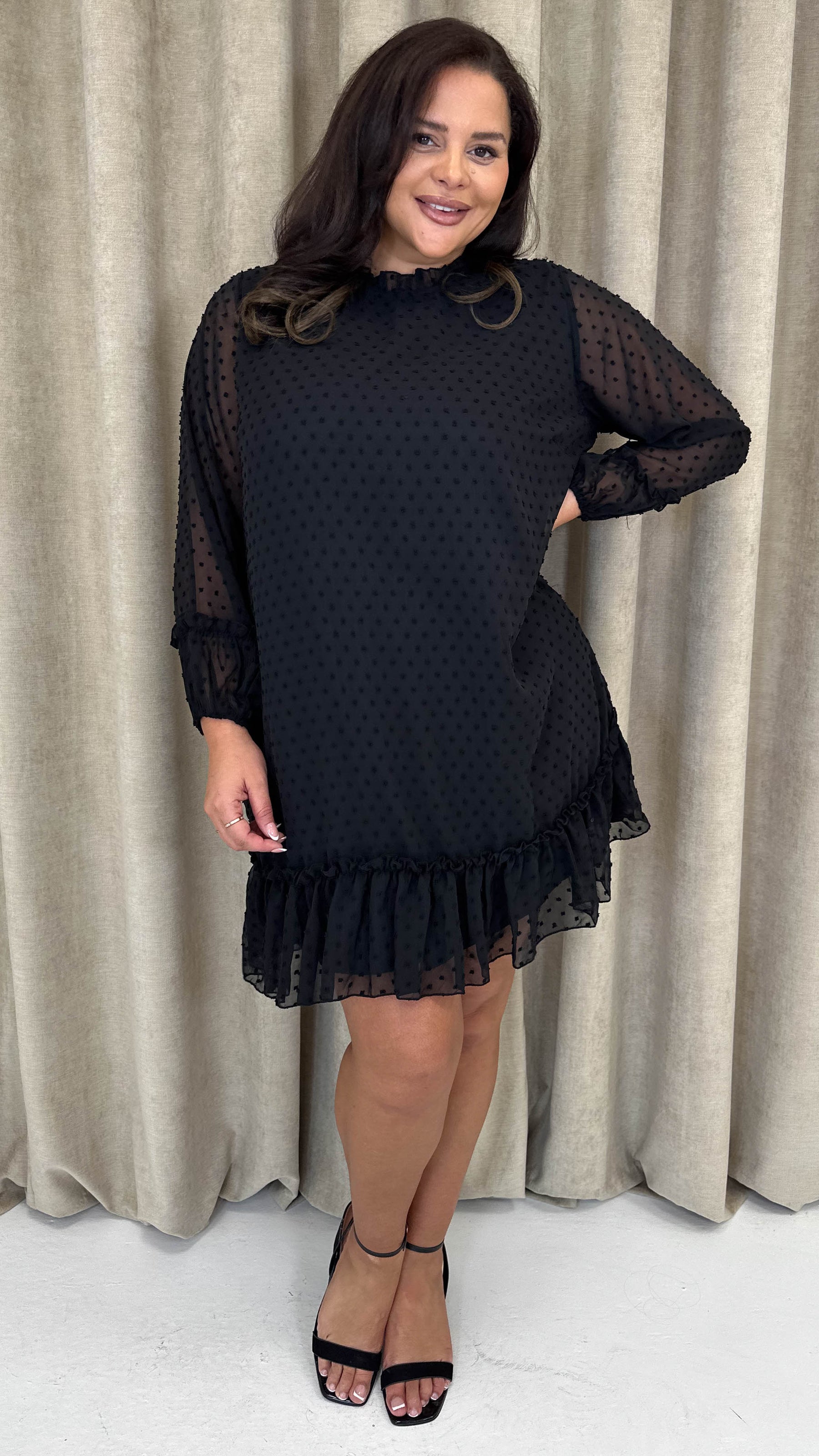 black dobby mesh dress Victoria Black Dobby Spot Angel Sleeve Mesh Long Midi Dress Scarlett & Jo