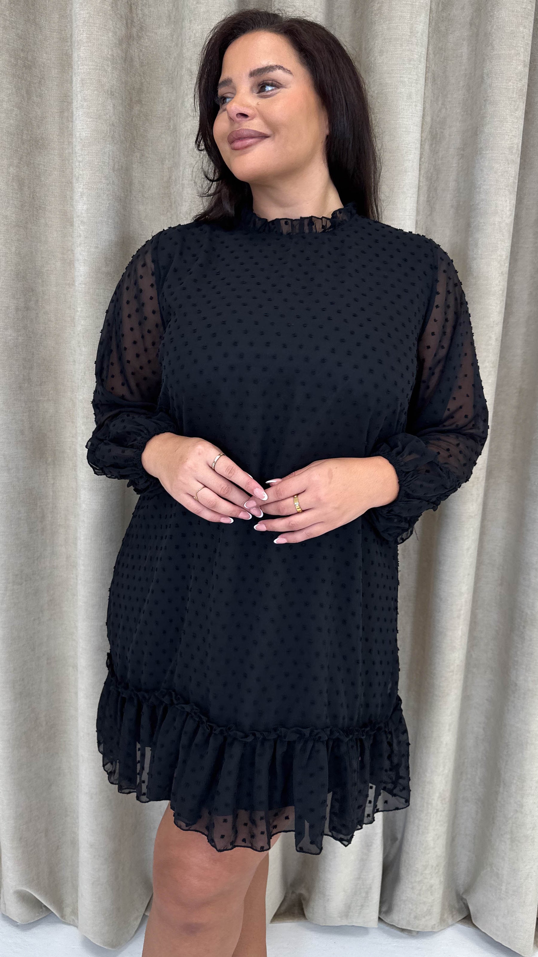 CurveWow High Neck Dobby Mesh Mini Dress Black Curvewow CurveWow High Neck Dobby Mesh Mini Dress Black Curvewow