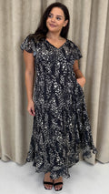 CurveWow Printed Flutter Sleeve Midaxi Dress Black