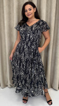 CurveWow Printed Flutter Sleeve Midaxi Dress Black