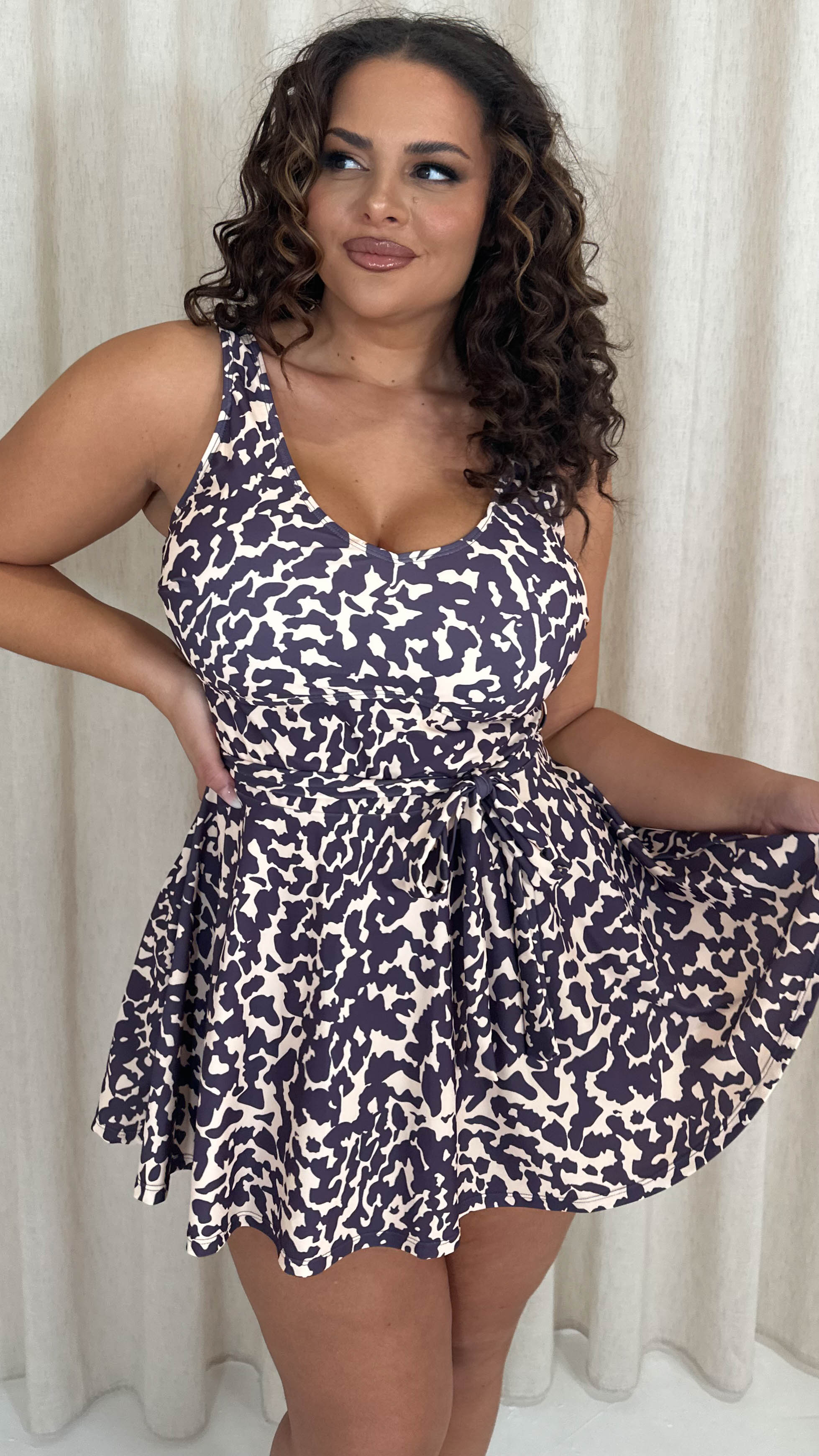 CurveWow Printed Tie Waist Swimdress Leopard