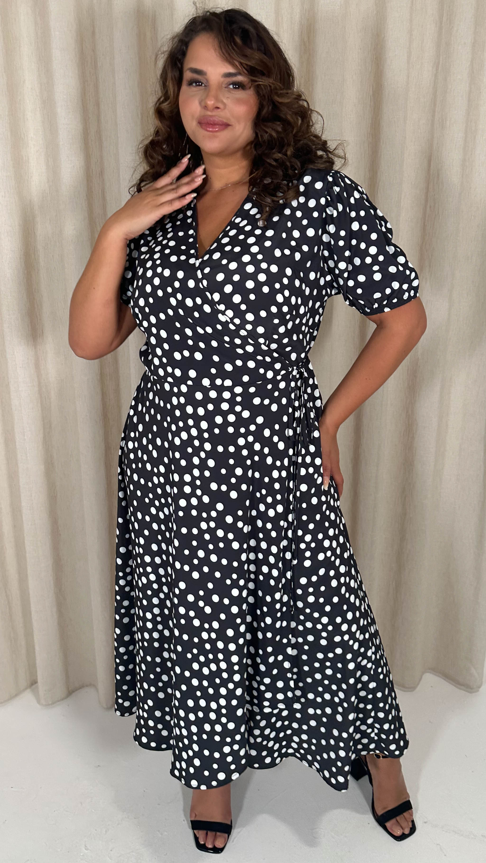 CurveWow Puff Sleeve Wrap Dress Black Polka