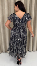 CurveWow Printed Flutter Sleeve Midaxi Dress Black